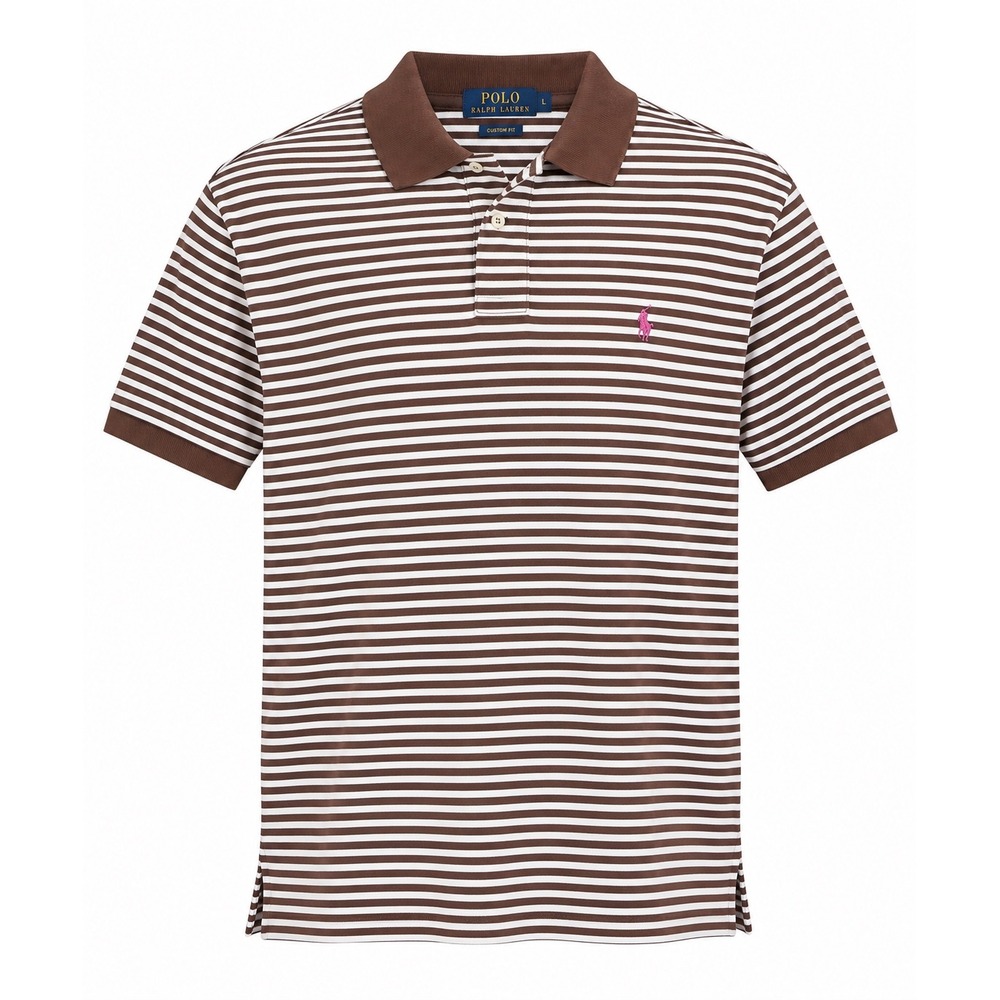 Polo Ralph Lauren Men XL Brown White Striped Short Sleeve Polo Shirt Purple Pony